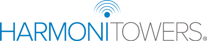 The logo for Harmoni Towers features the company name in blue and gray capital letters, with a stylized wireless signal icon above the text.